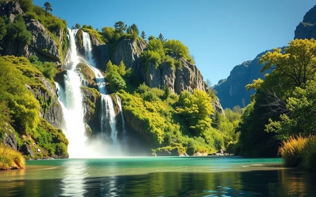 A serene landscape with lush greenery and a gentle waterfall, symbolizing natural beauty and purity.