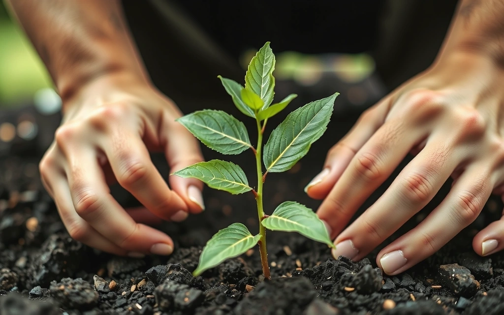 Hands planting a small tree in fertile soil, symbolizing environmental stewardship and sustainability.