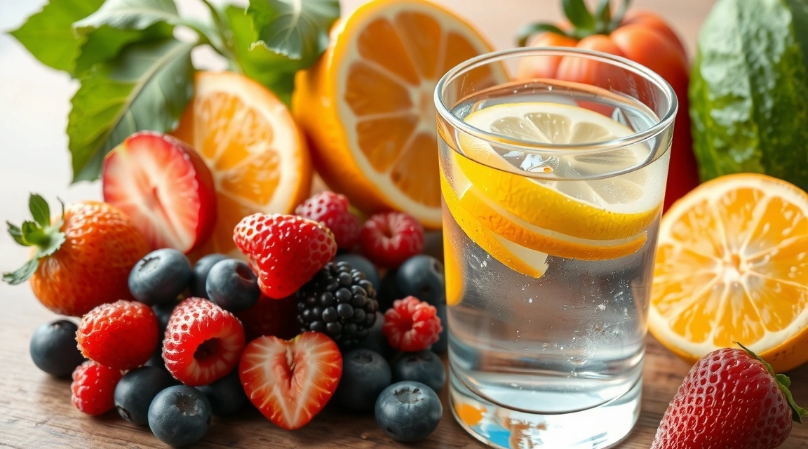A glass of water with lemon slices next to various fruits