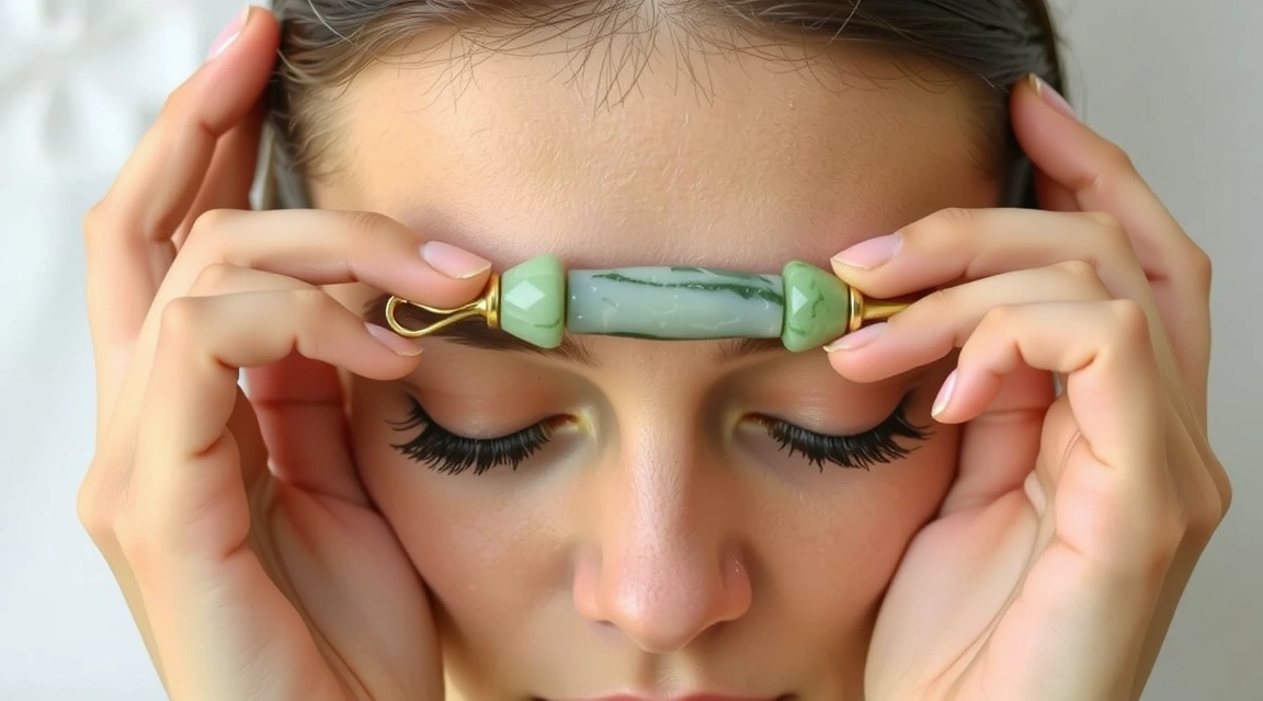 A person's hands gently massaging their face with a jade roller