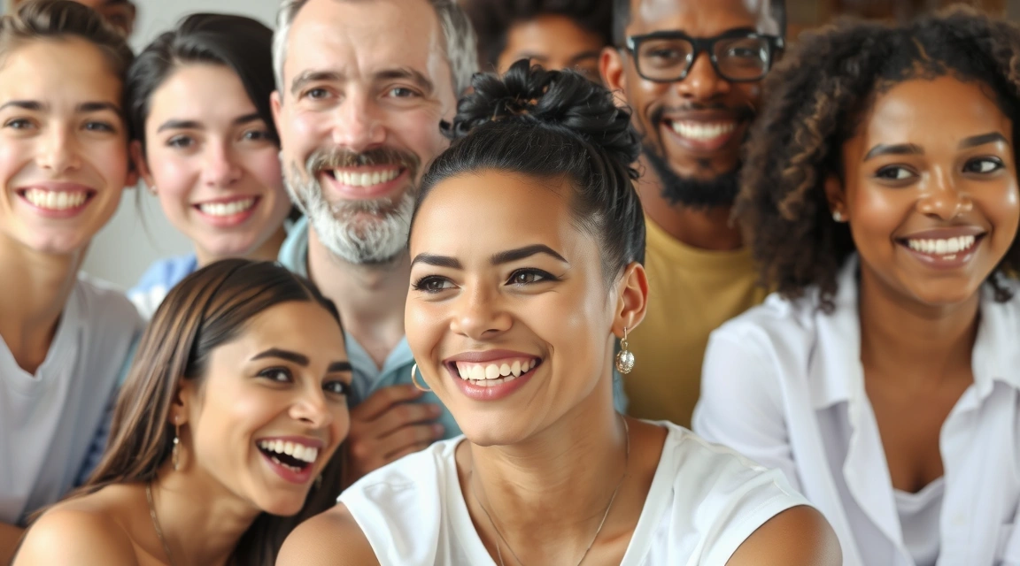 Diverse group of people smiling and laughing, showcasing healthy, natural smiles