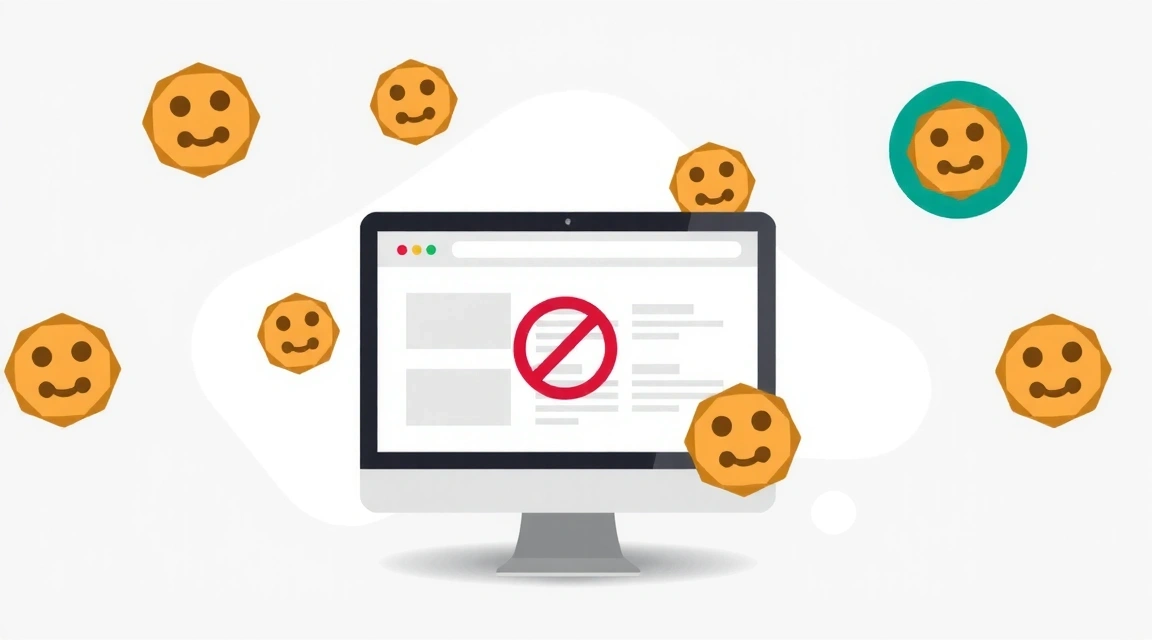 A stylized illustration showing a computer screen with various cookie icons floating around it, representing different types of web tracking. The background is a clean, modern design.