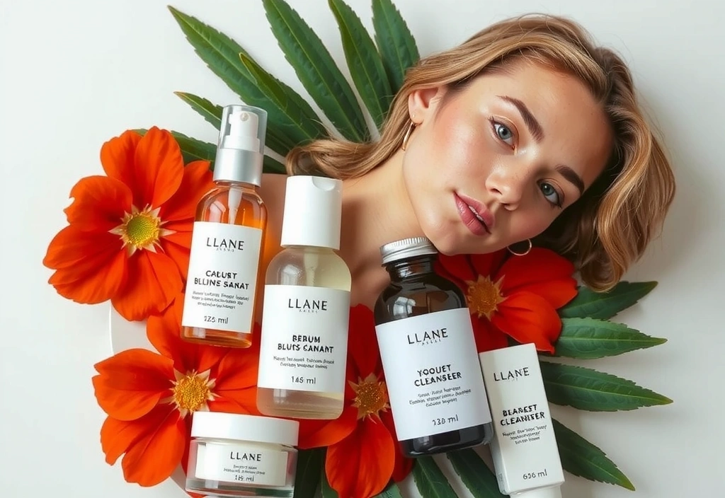 Luxurious skincare products with natural botanicals, promoting glowing skin.