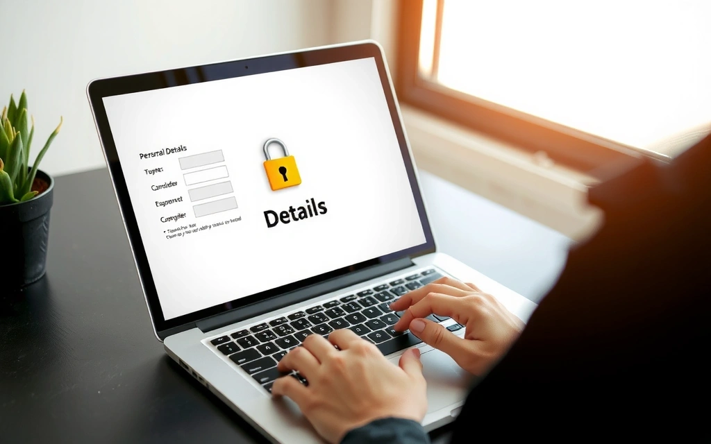 A person securely updating their personal details on a laptop, with a lock icon symbolizing data security and privacy.