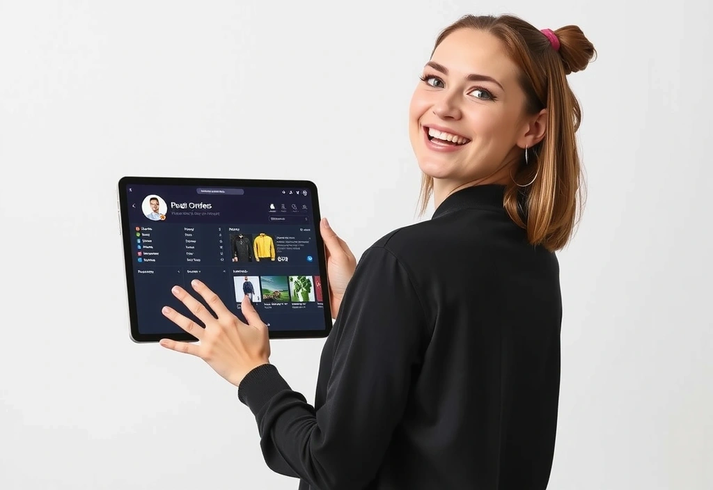 User looking at their account dashboard on a tablet, showcasing a clean and organized interface with notifications and product images.