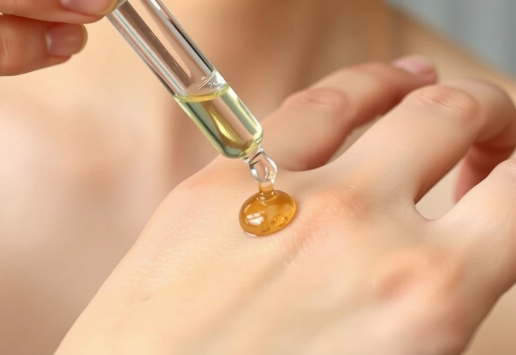 Dropper dispensing a clear hyaluronic acid serum onto a woman's hand, sparkling with moisture